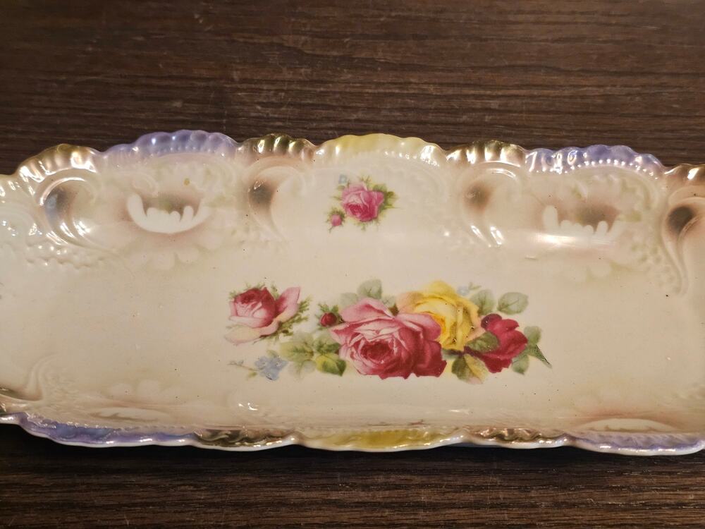 VTG Antique Cottagecore Bavaria W. Germany Lusterware Celery Dish Roses 12.5"